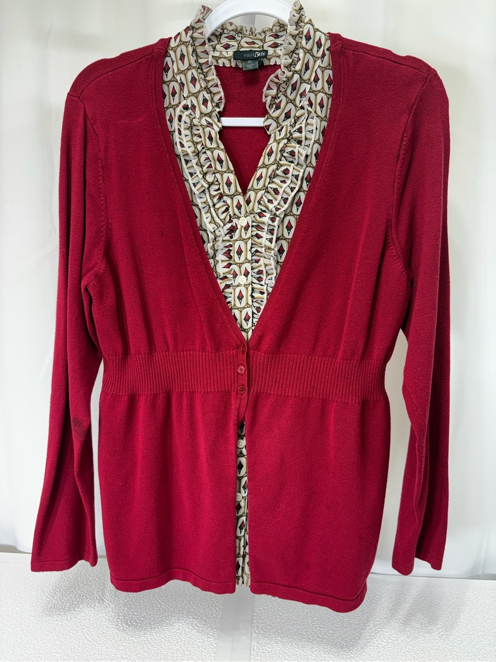 East 5th Deep Red Button-Front Cardigan with Patterned Trim 4211